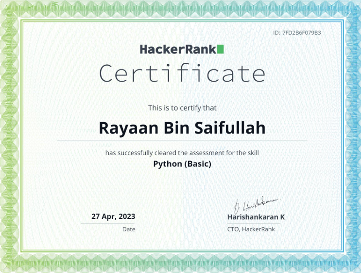 Certificate: Python (Basic) - HackerRank