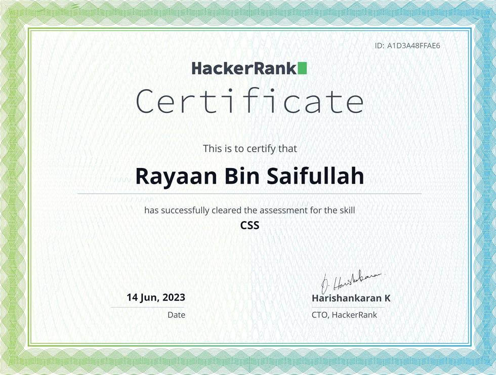 Certificate: CSS - HackerRank